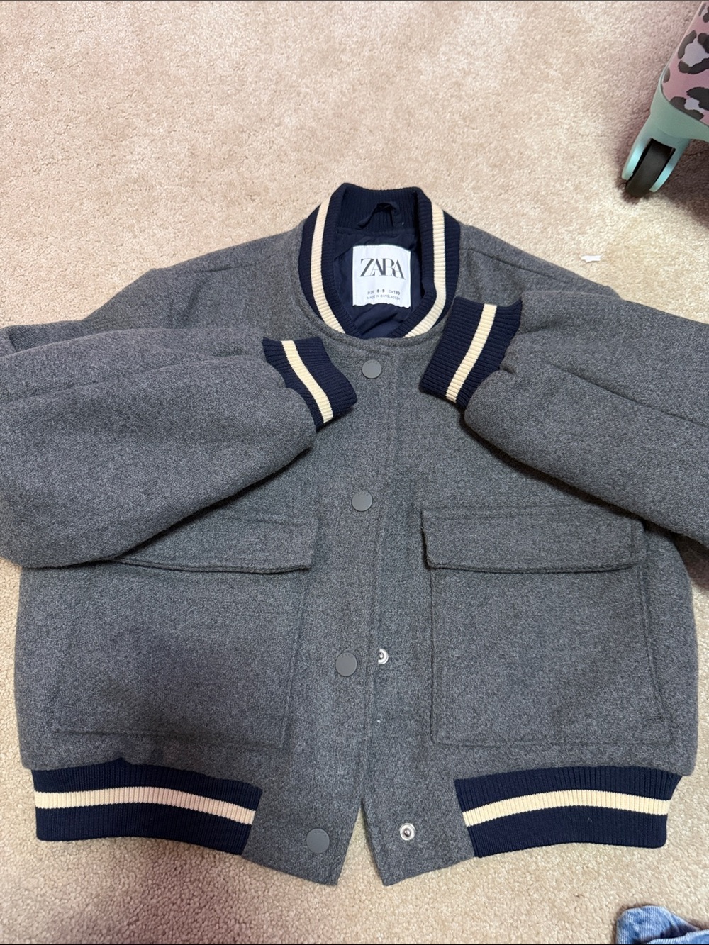 ZARA Grey Bomber Jacket with Navy & Cream Stripes